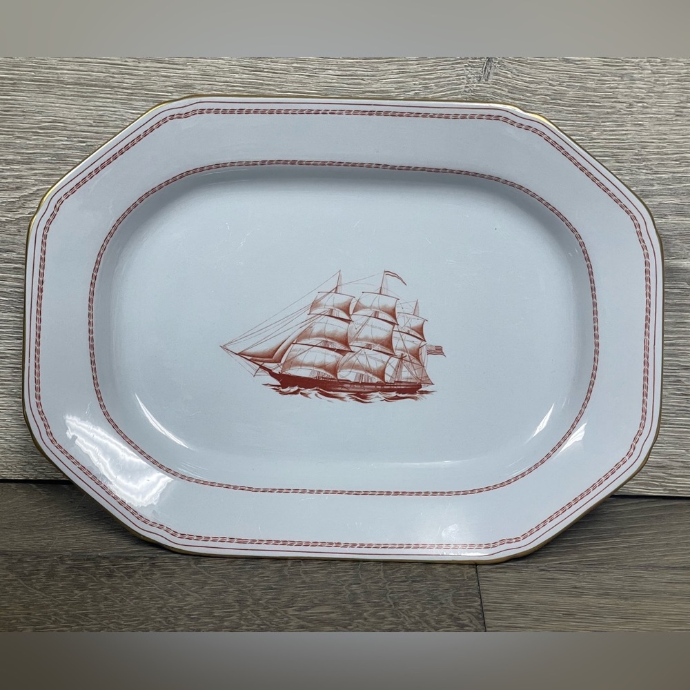 1960s Vintage 12" Oval Serving Platter Trade Winds Red with Gold Trim by SPODE